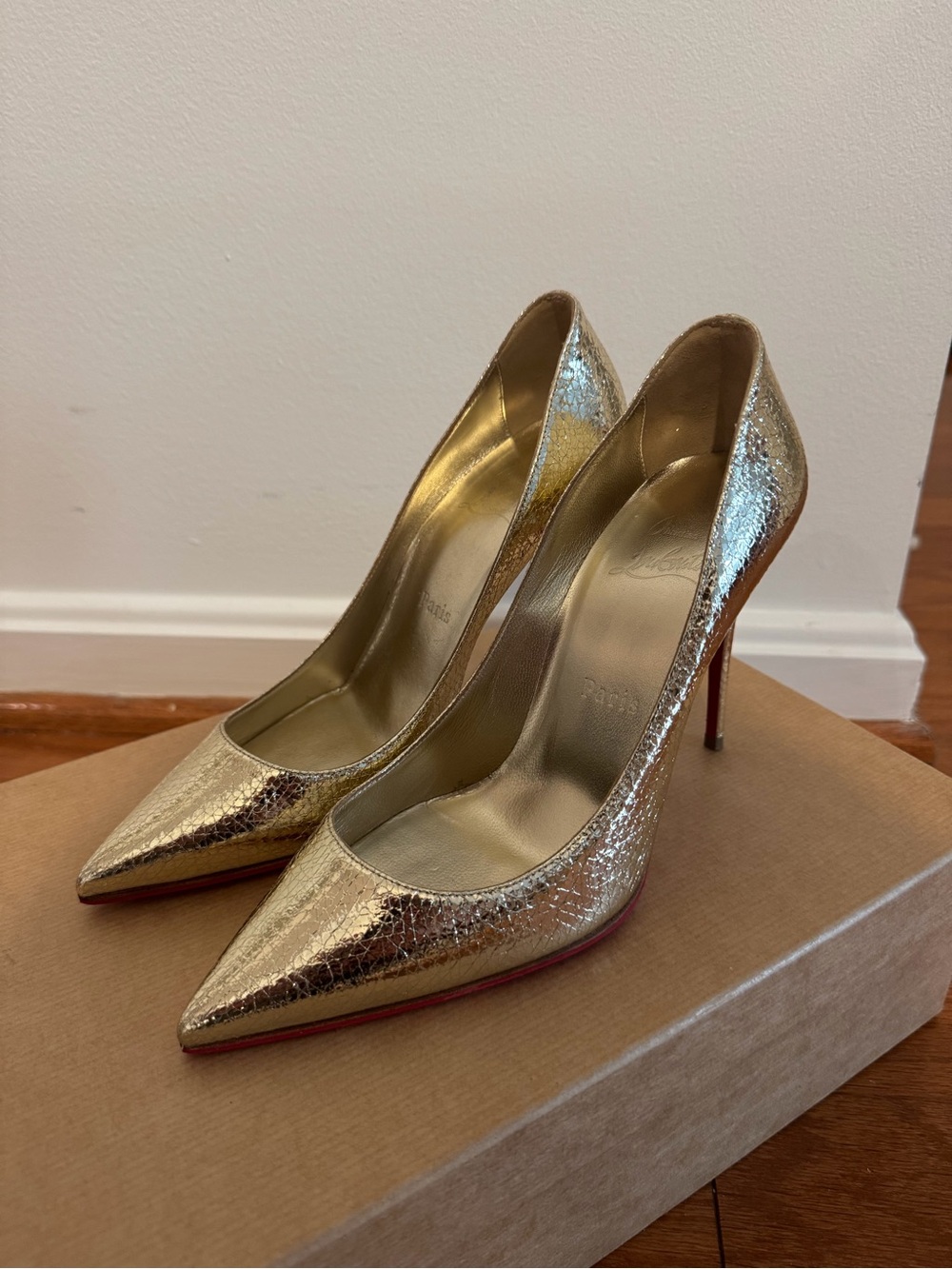 Christian Louboutin Gold Metallic Pointed-Toe Stiletto Pumps